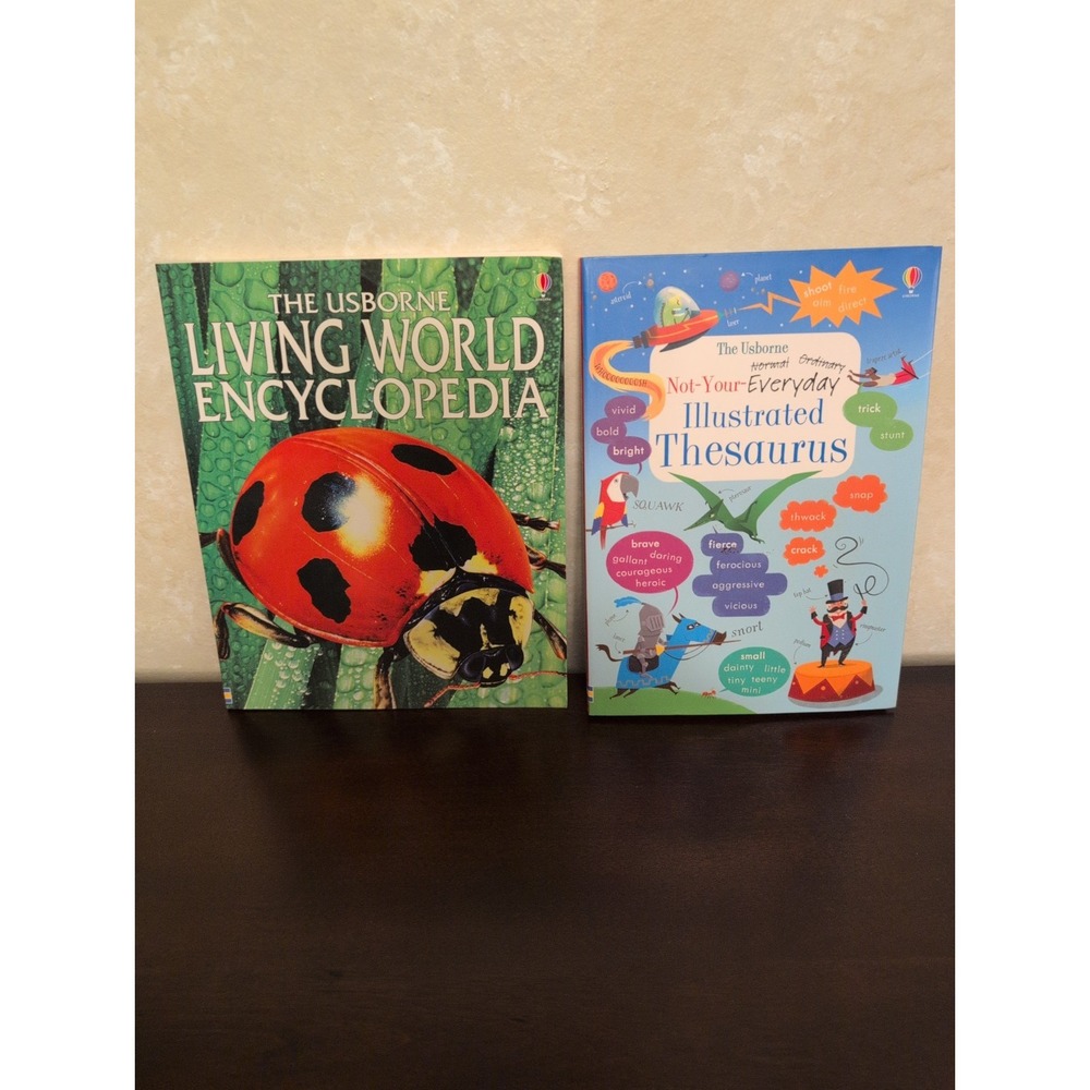 Usborne Living World Encyclopedia + Illustrated Thesaurus Book Lot Of 2 LN